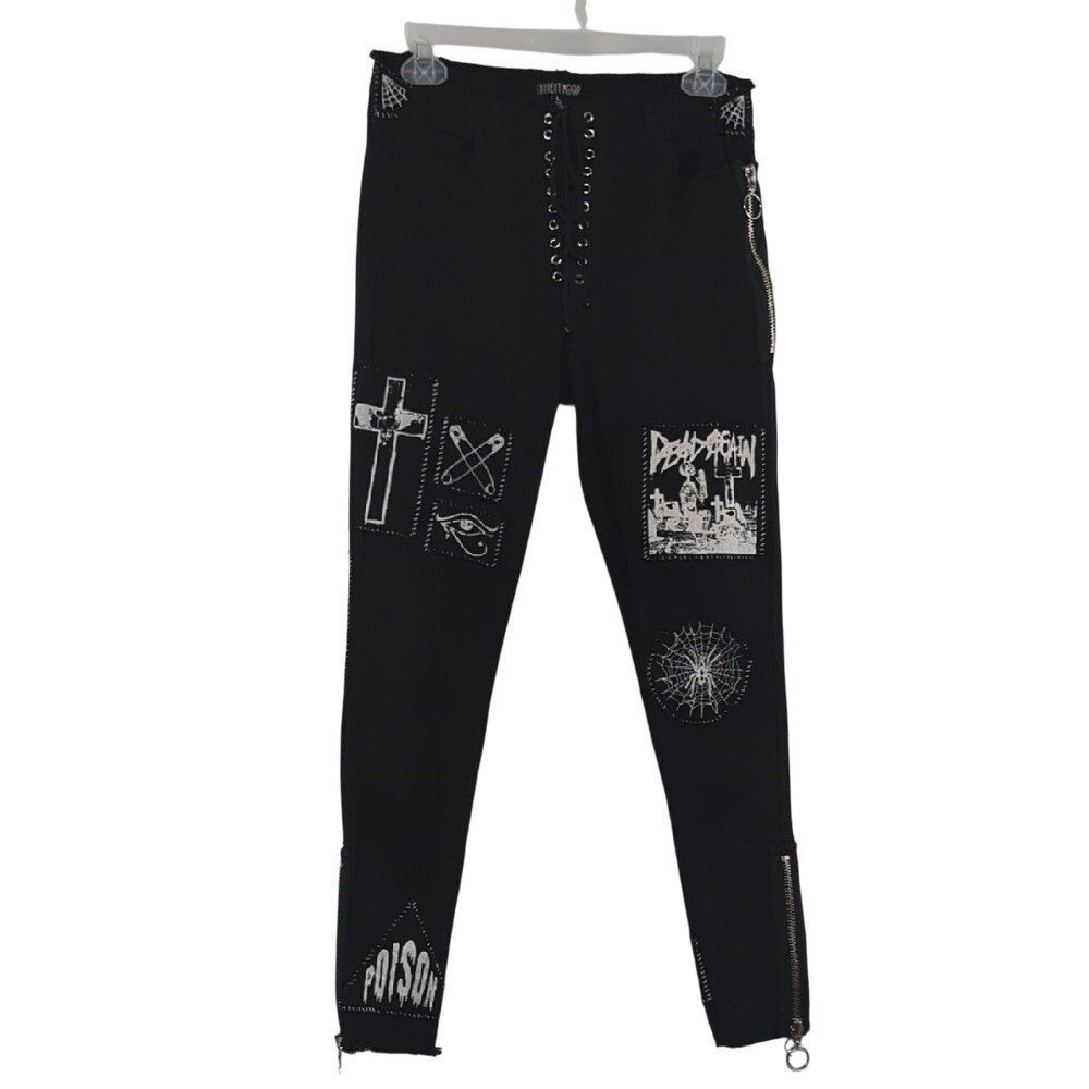 Current Mood Dolls Kill Grunge Punk Patch Lace Up Black Skinny‎ Stretch Jeans L
